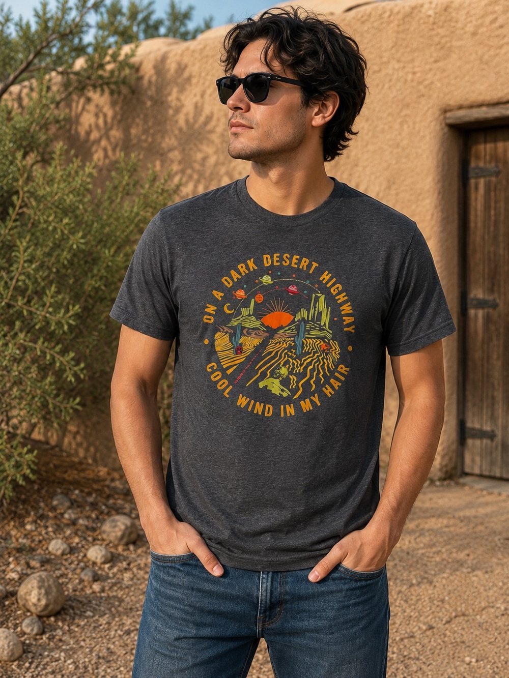 Outlash Wear “On A Dark Desert Highway” Graphic T-Shirt Charcoal Gray Size Large